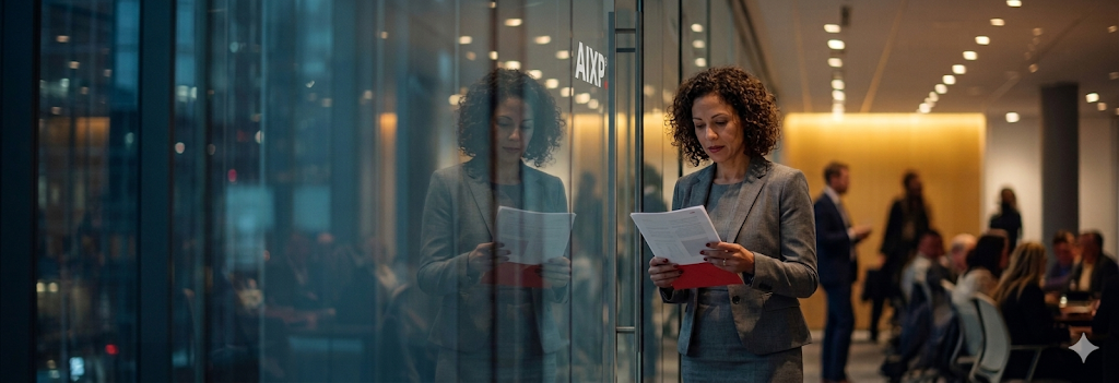 Executive reviewing documents in a glass-walled boardroom